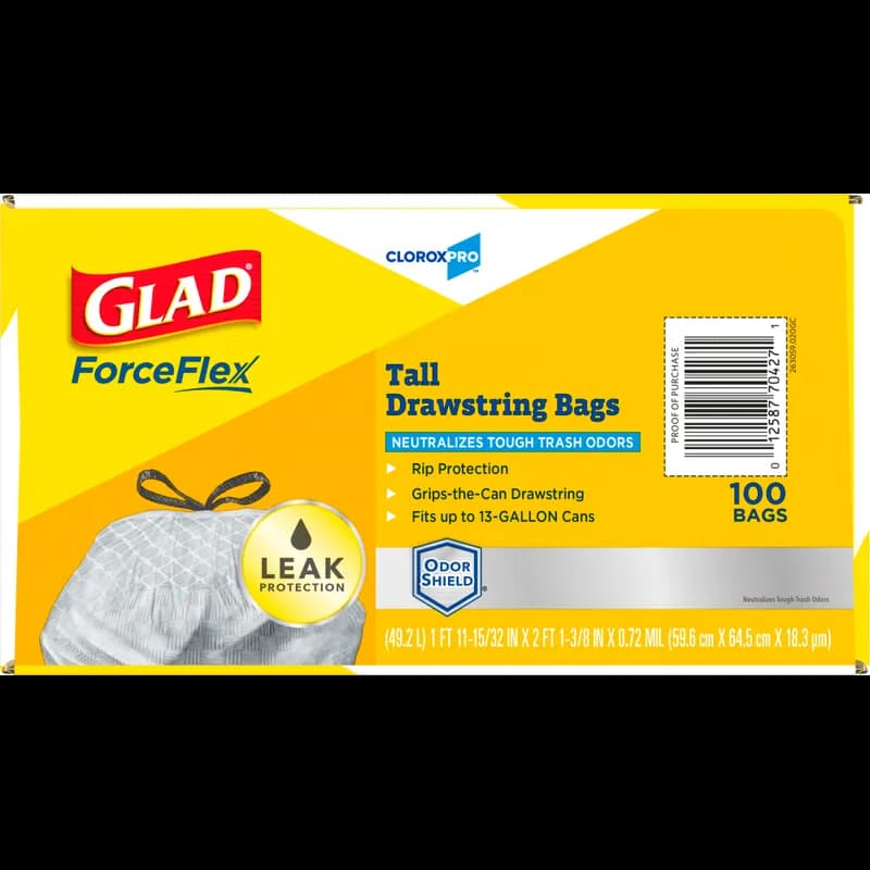Glad® ForceFlex Can Liner 13 GAL White Plastic With Drawstring Closure Tall Kitchen 100/Case