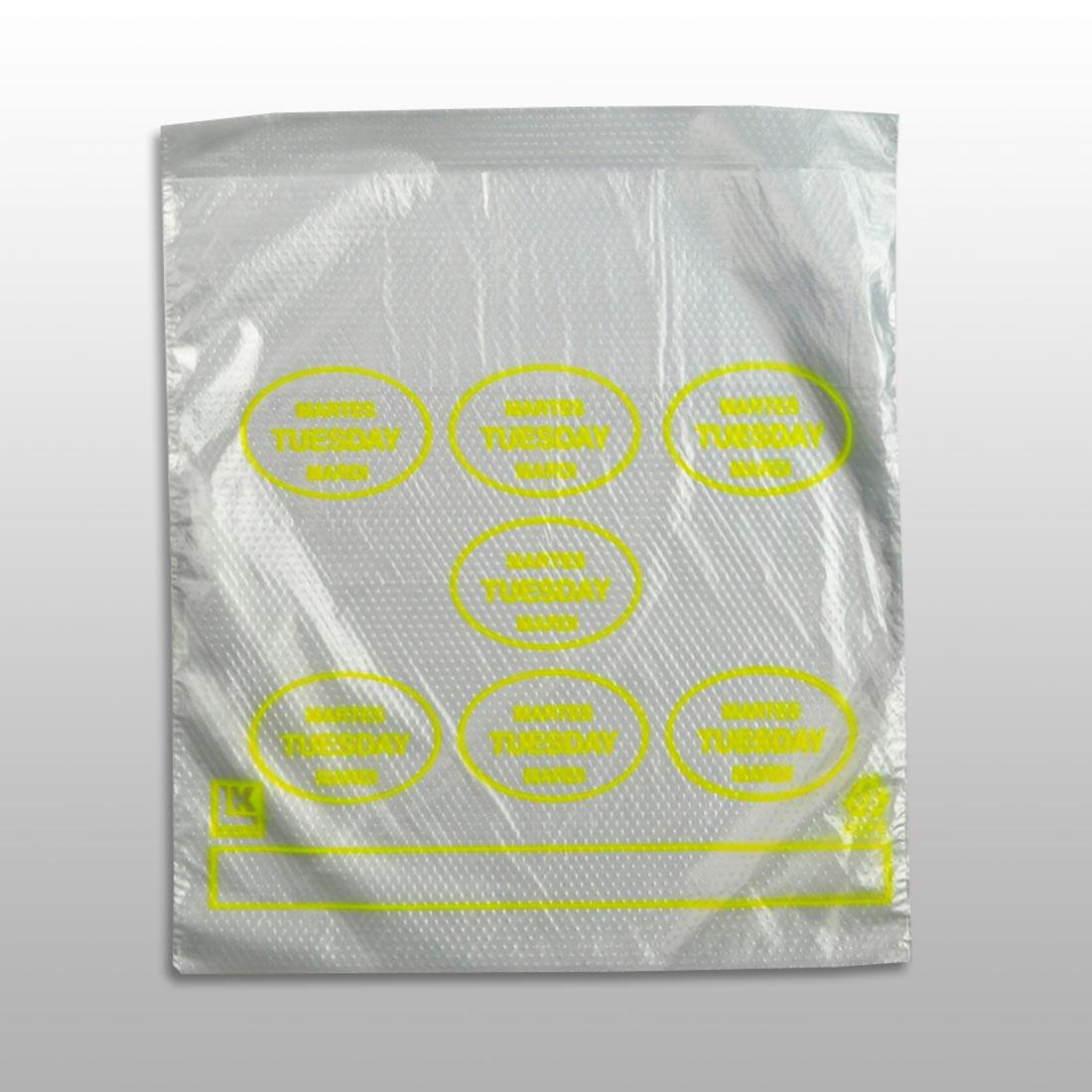 Bag 6.5X7+1.75 IN HDPE 0.5MIL Clear Yellow Tuesday With Lip & Flip Closure Portion Bag Saddlepack Flat 2000/Case