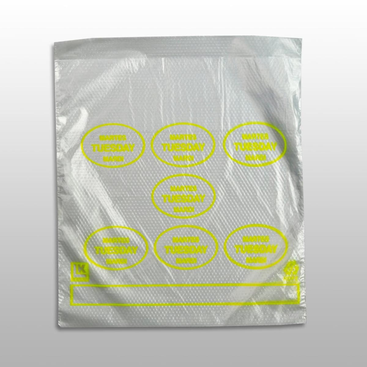Bag 6.5X7+1.75 IN HDPE 0.5MIL Clear Yellow Tuesday With Lip & Flip Closure Portion Bag Saddlepack Flat 2000/Case