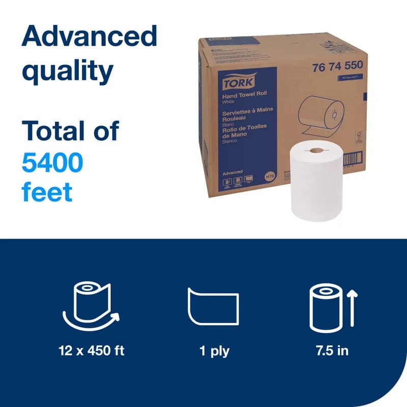 Tork Roll Paper Towel H76 7.5IN X450FT White Standard Roll Refill 5.85IN Roll 1.925IN Core Diameter 12 Rolls/Case