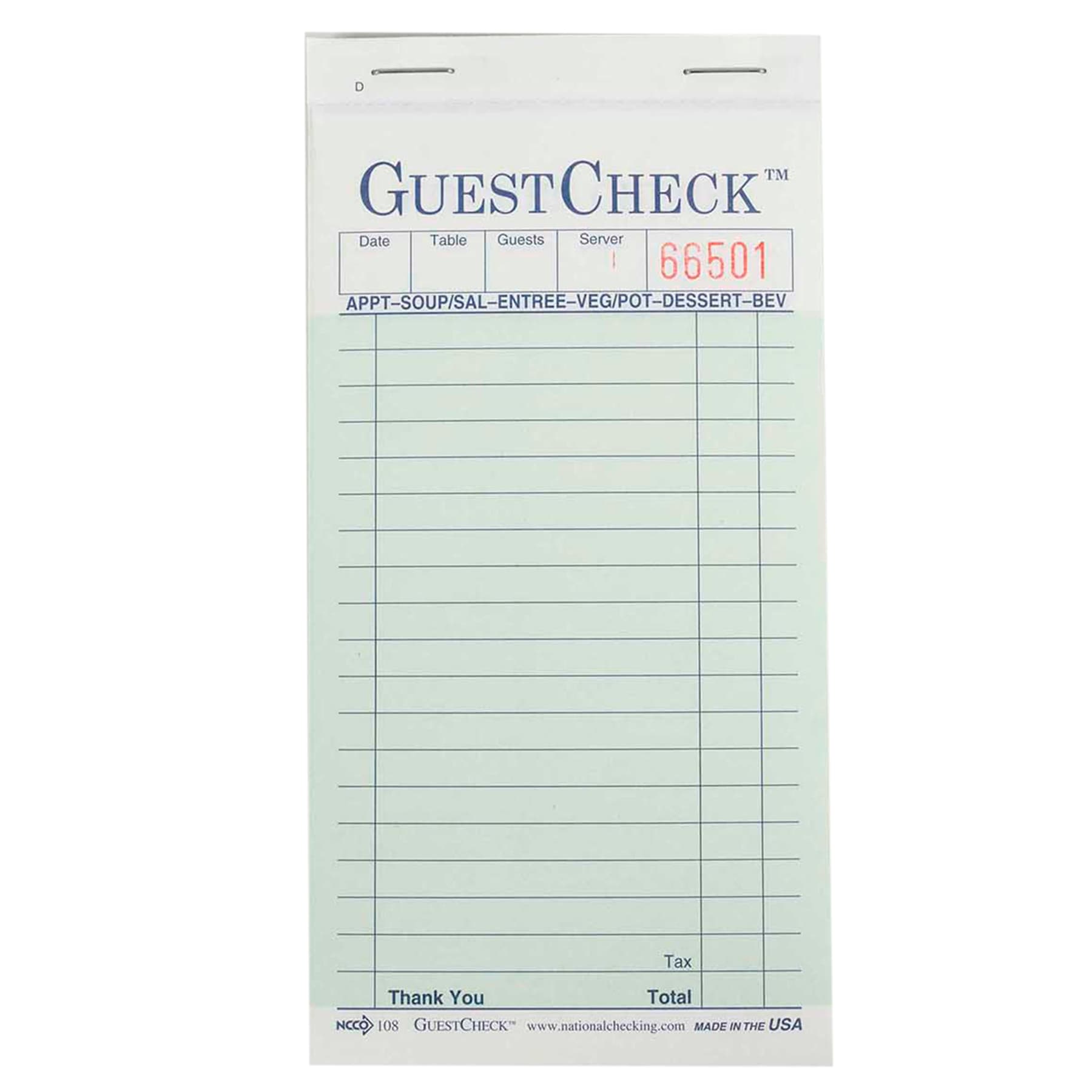 Guest Check 6.75X3.5 IN Green 2-Part Carbonless Medium 50 Count/Pack 50 Packs/Case