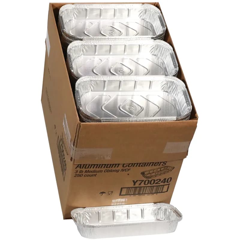 Take-Out Container Base & Lid Combo With Flat Lid Medium (MED) 47.5 OZ Aluminum Oblong Interrupted Vertical Curl 250/Case