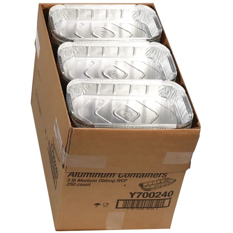 Take-Out Container Base & Lid Combo With Flat Lid Medium (MED) 47.5 OZ Aluminum Oblong Interrupted Vertical Curl 250/Case