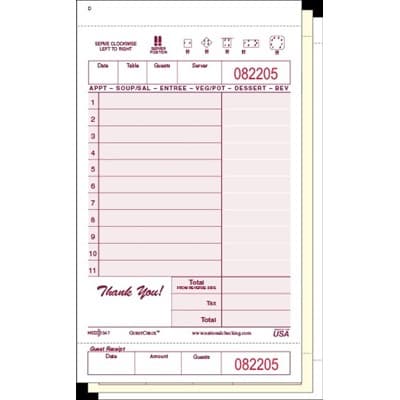 Guest Check 7.25X4.25 IN Maroon 3-Part Carbonless Medium 250 Count/Box 8 Box/Case