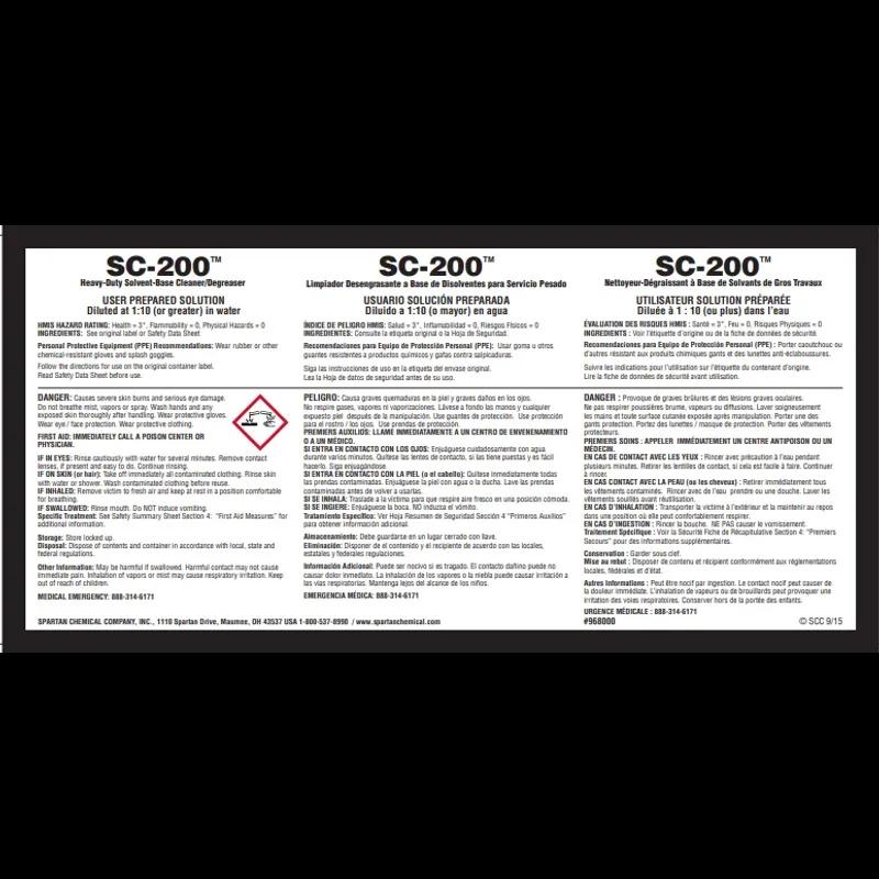 SC-200 Heavy Duty Solvent Based Cleaner/Degreaser Product Label Paper 1/Each