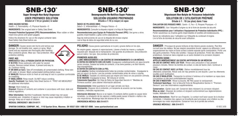 SNB-130 Degreaser Product Label Paper 1/Each