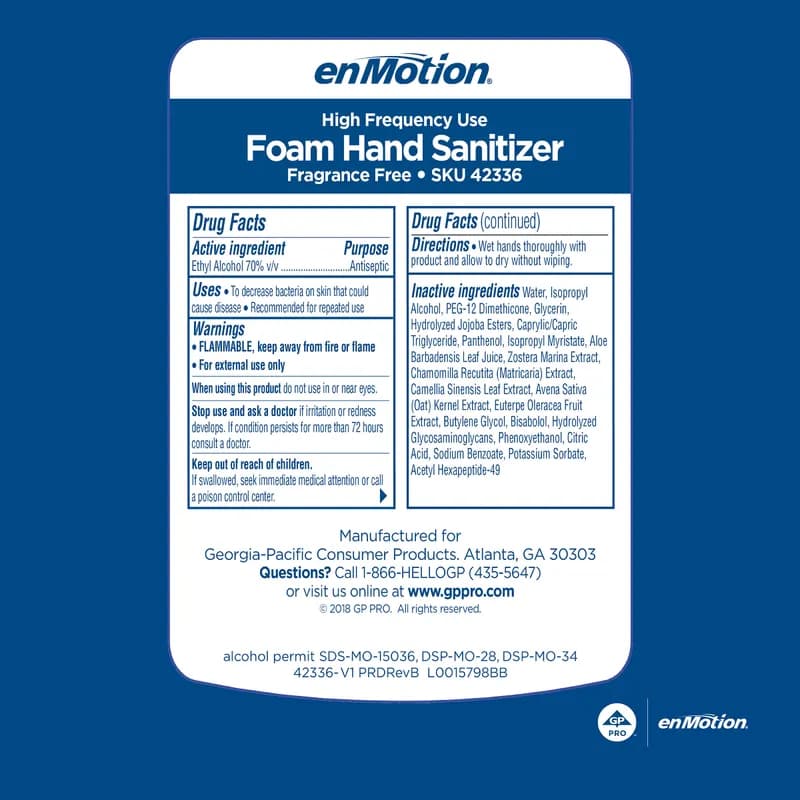 enMotion® Hand Sanitizer Foam 1000 mL Unscented Fragrance Free Clear Dye Free High Frequency 2/Case