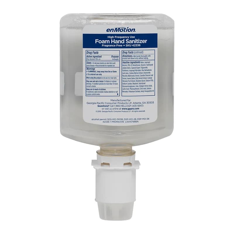 enMotion® Hand Sanitizer Foam 1000 mL Unscented Fragrance Free Clear Dye Free High Frequency 2/Case