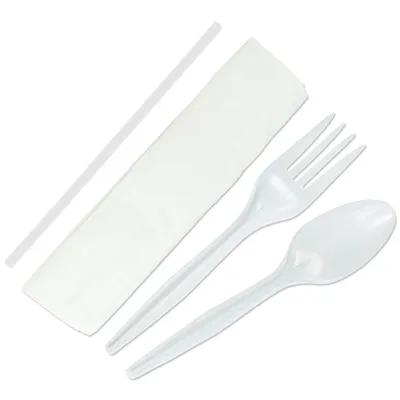 4PC Cutlery Kit PP White Medium Weight With Napkin,Fork,Milk Straw,Spoon 500/Case