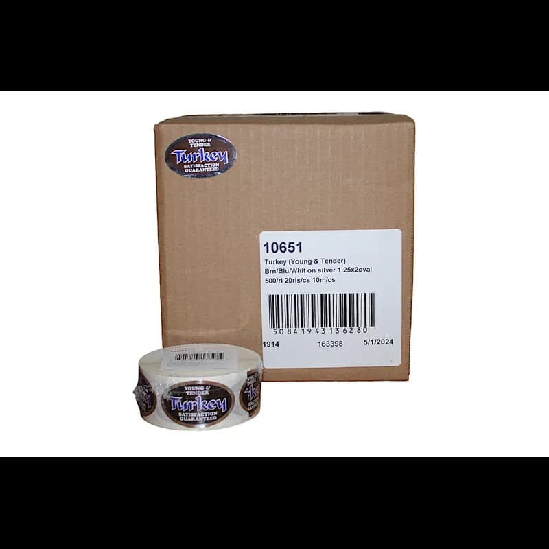 Young & Tender Turkey Meat Label 1.25X2 IN Silver Brown Blue White Oval 500 Count/Roll 20 Rolls/Case 10000 Count/Case