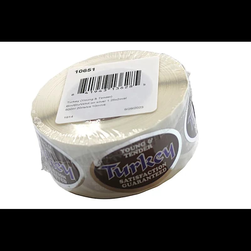 Young & Tender Turkey Meat Label 1.25X2 IN Silver Brown Blue White Oval 500 Count/Roll 20 Rolls/Case 10000 Count/Case