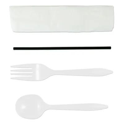 4PC Cutlery Kit PP White Medium Weight With Napkin,Fork,Milk Straw,Soup Spoon 500/Case