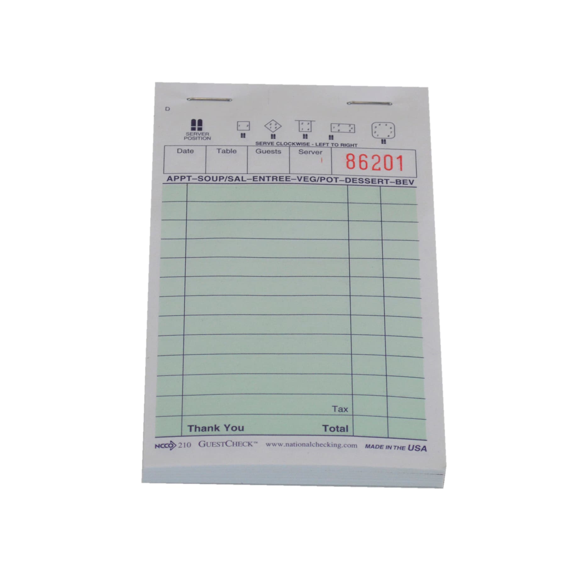 Guest Check 5.438X3.313 IN Green 1-Part 100 Count/Pack 100 Count/Case