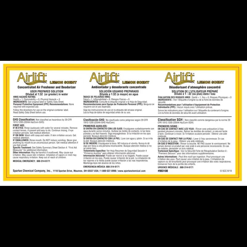 Airlift Lemon Scent General Purpose Concentrated Air Freshener and Deodorizer Product Label 1/Each