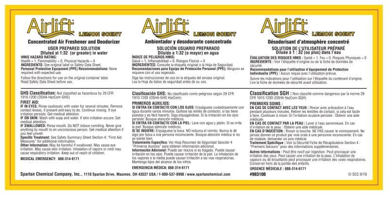Airlift Lemon Scent General Purpose Concentrated Air Freshener and Deodorizer Product Label 1/Each