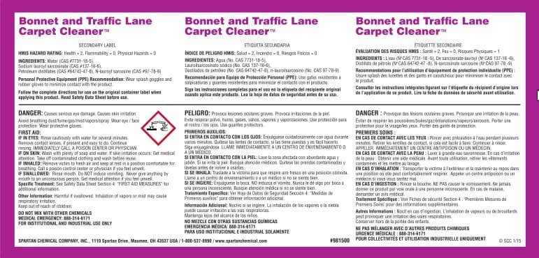 Bonnet and Traffic Lane Carpet Cleaner Product Label Paper 1/Each