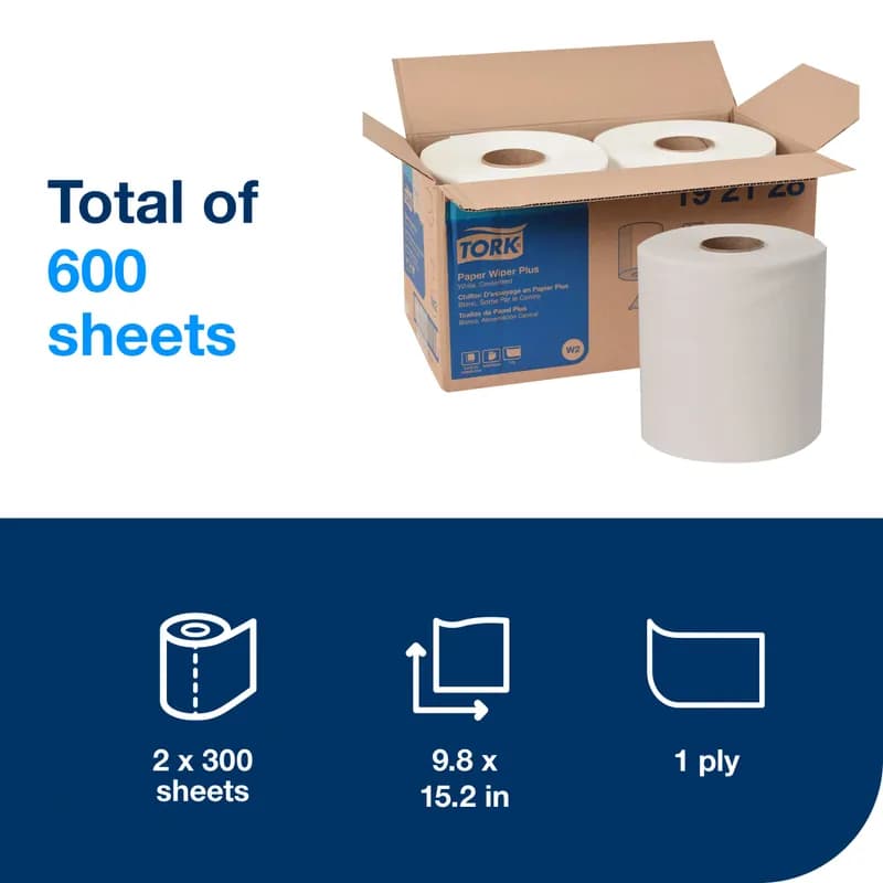 Tork Roll Paper Wiper W2 15.2X9.8 IN 380 FT 1PLY White Centerfeed Refill 300 Sheets/Roll 2 Rolls/Case 600 Sheets/Case