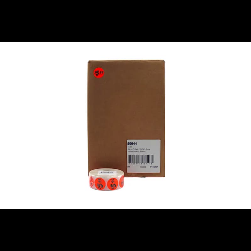 5.99 Label 1.25 IN Black Fluorescent Red Circle 1000 Count/Roll 50 Rolls/Case 50000 Count/Case