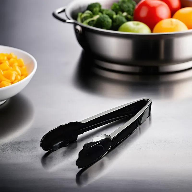 Essentials Tongs 9 IN Plastic Black Heavy Duty Scalloped 24/Case