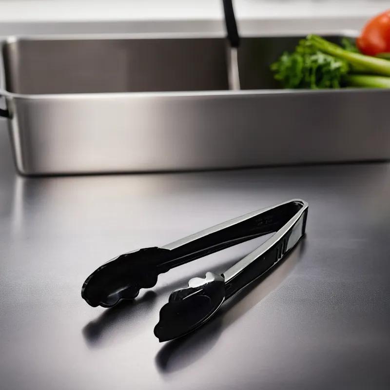 Essentials Tongs 9 IN Plastic Black Heavy Duty Scalloped 24/Case