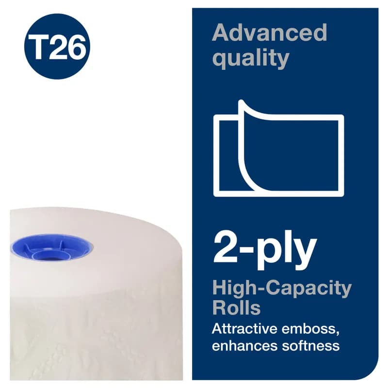 Tork Advanced T26 Toilet Paper & Tissue Roll 3.75X3.77 IN 312.5 FT 2PLY White High Capacity Refill 1000 Sheets/Roll