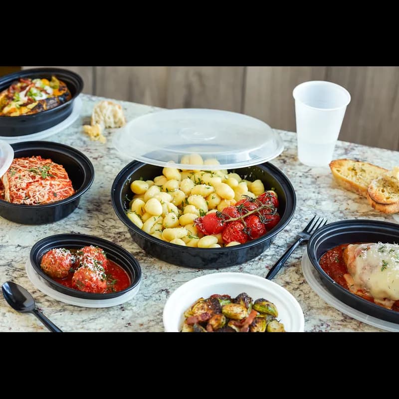 Take-Out Container Base & Lid Combo With Dome Lid 16 OZ PP Black Clear Round 150/Case