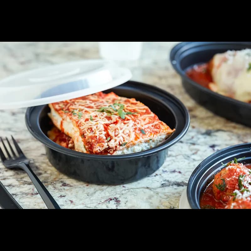 Take-Out Container Base & Lid Combo With Dome Lid 16 OZ PP Black Clear Round 150/Case