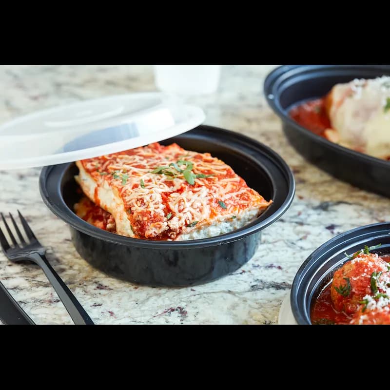 Take-Out Container Base & Lid Combo With Dome Lid 16 OZ PP Black Clear Round 150/Case