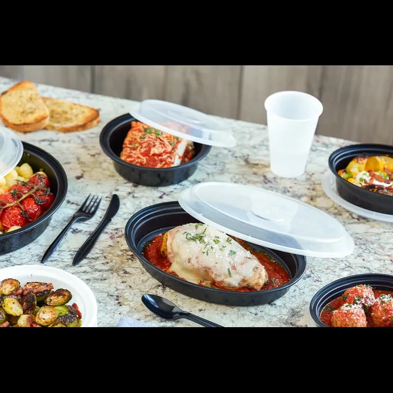 Take-Out Container Base & Lid Combo With Dome Lid 16 OZ PP Black Clear Round 150/Case