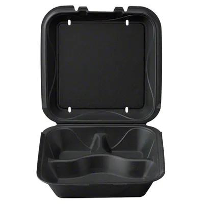 Take-Out Container Hinged With Dome Lid 9.18X9.18X3 IN 3 Compartment Polystyrene Foam Black Square 200/Case