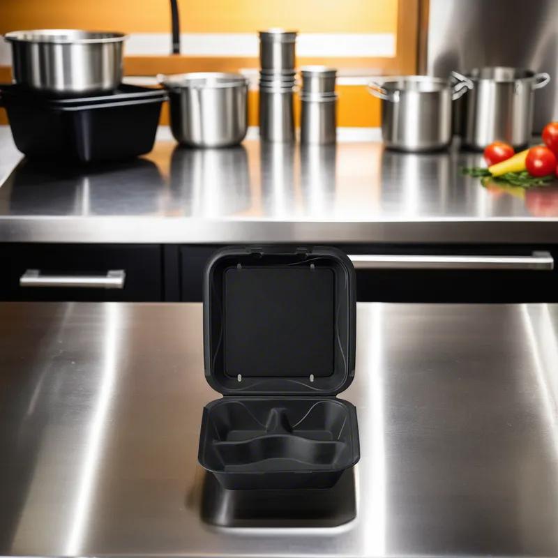 Take-Out Container Hinged With Dome Lid 9.18X9.18X3 IN 3 Compartment Polystyrene Foam Black Square 200/Case