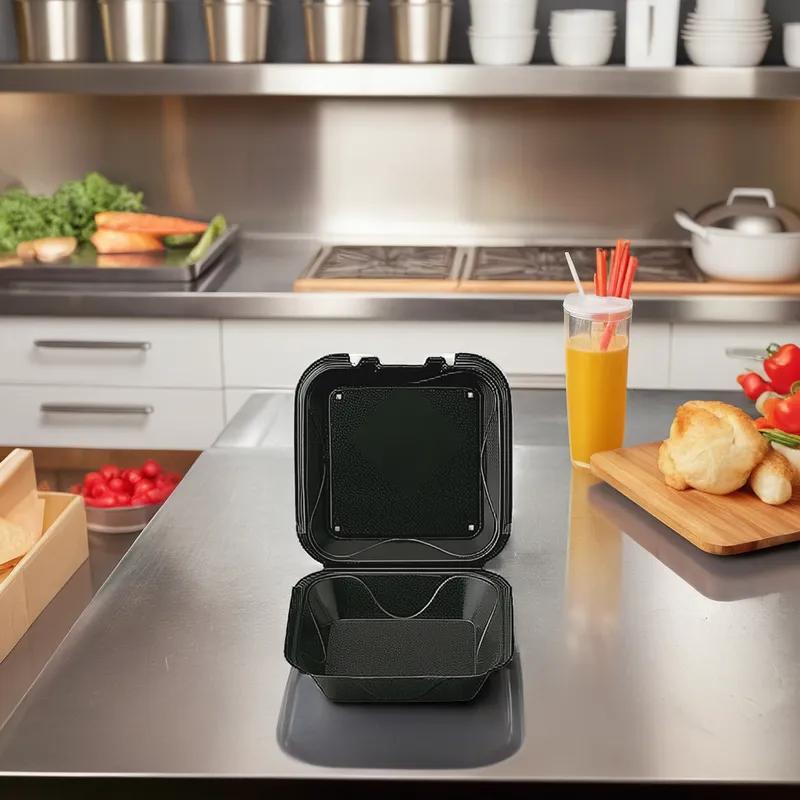 Take-Out Container Hinged With Dome Lid 8X8X3 IN Polystyrene Foam Black Square 200/Case