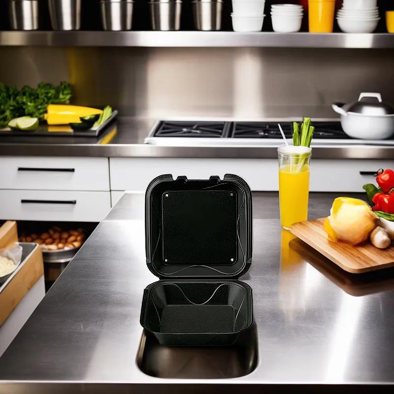 Take-Out Container Hinged With Dome Lid 8X8X3 IN Polystyrene Foam Black Square 200/Case