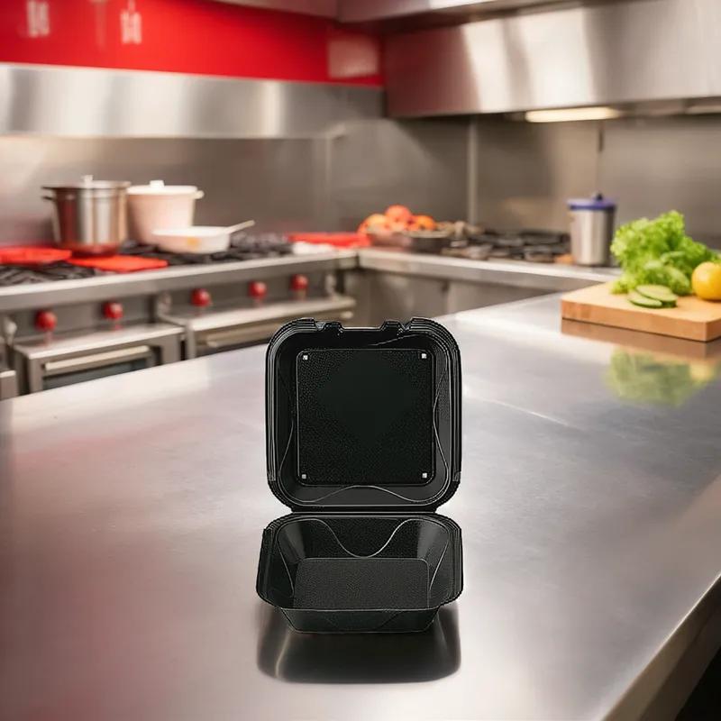 Take-Out Container Hinged With Dome Lid 8X8X3 IN Polystyrene Foam Black Square 200/Case