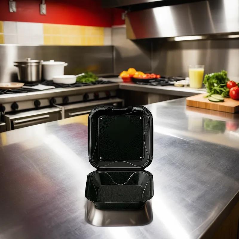 Take-Out Container Hinged With Dome Lid 8X8X3 IN Polystyrene Foam Black Square 200/Case