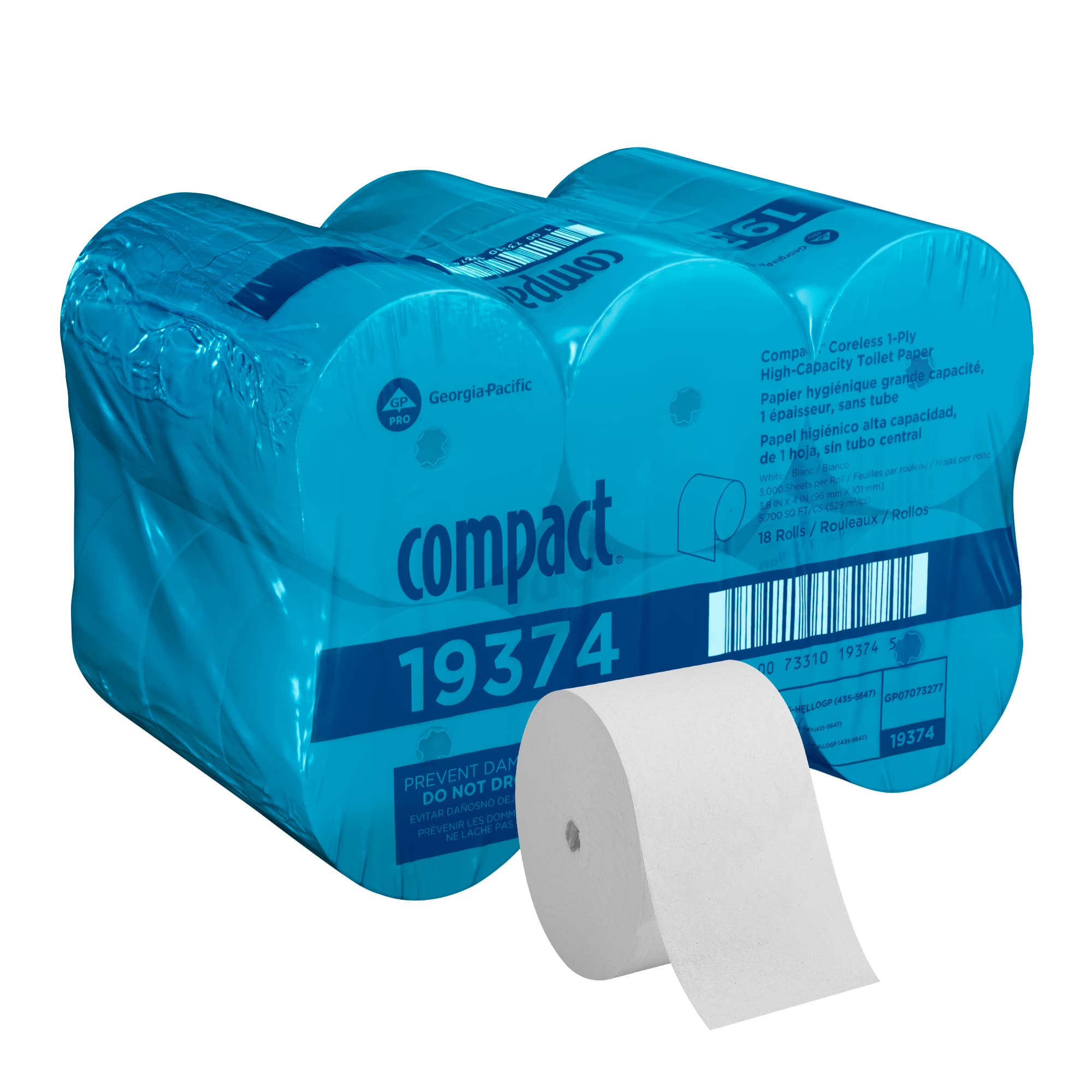 Compact® Toilet Paper & Tissue Roll 3.8X4 IN 1PLY White Coreless Septic Safe 0.625IN Core Diameter 3000 Sheets/Roll