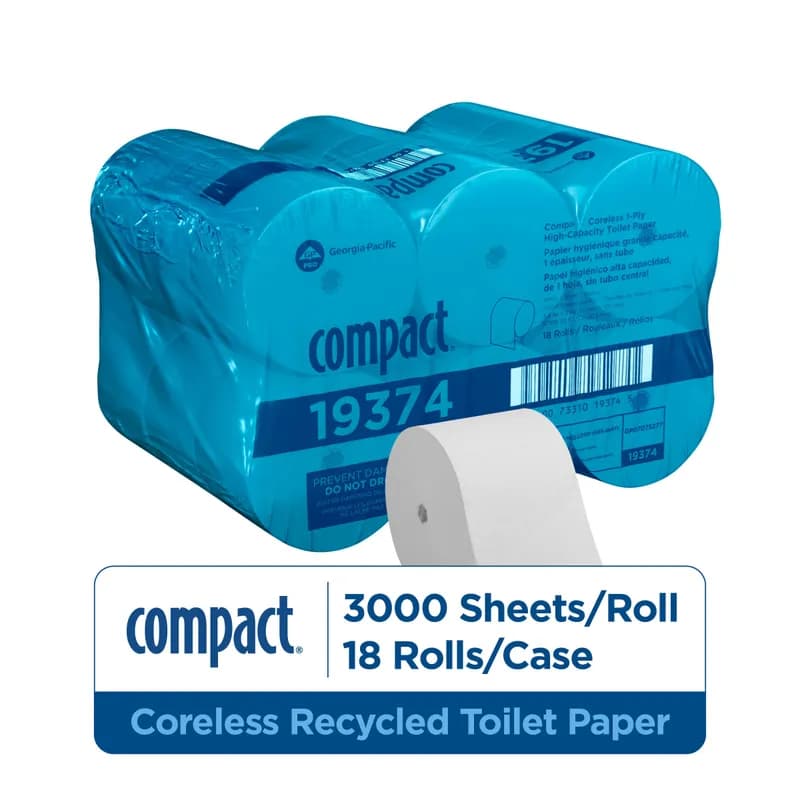 Compact® Toilet Paper & Tissue Roll 3.8X4 IN 1PLY White Coreless Septic Safe 0.625IN Core Diameter 3000 Sheets/Roll