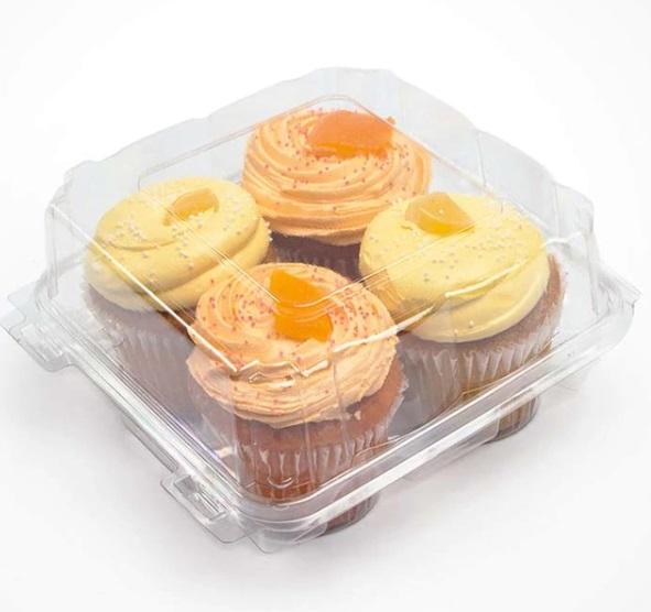 Cupcake Muffin Hinged Container With Dome Lid 9.5X4.63X3.25 IN 4 Compartment RPET Clear 350/Case