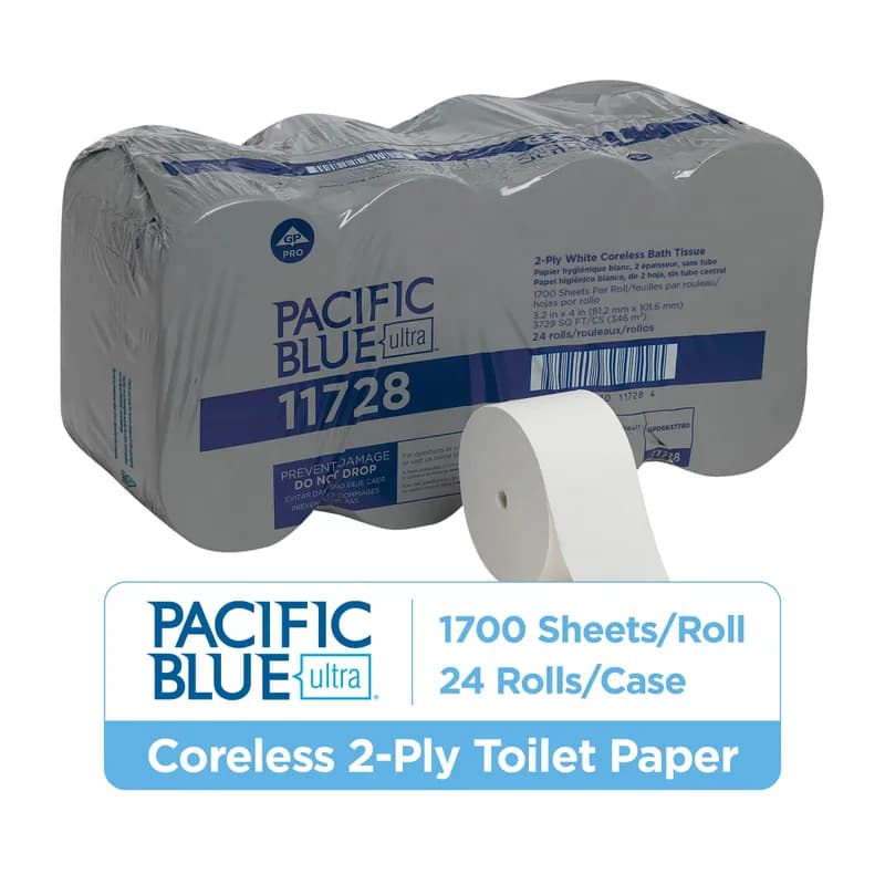 Pacific Blue Ultra™ Toilet Paper & Tissue Roll 4X3.2 IN 2PLY White Coreless EPA Indicator 1700 Sheets/Roll 24 Rolls/Case
