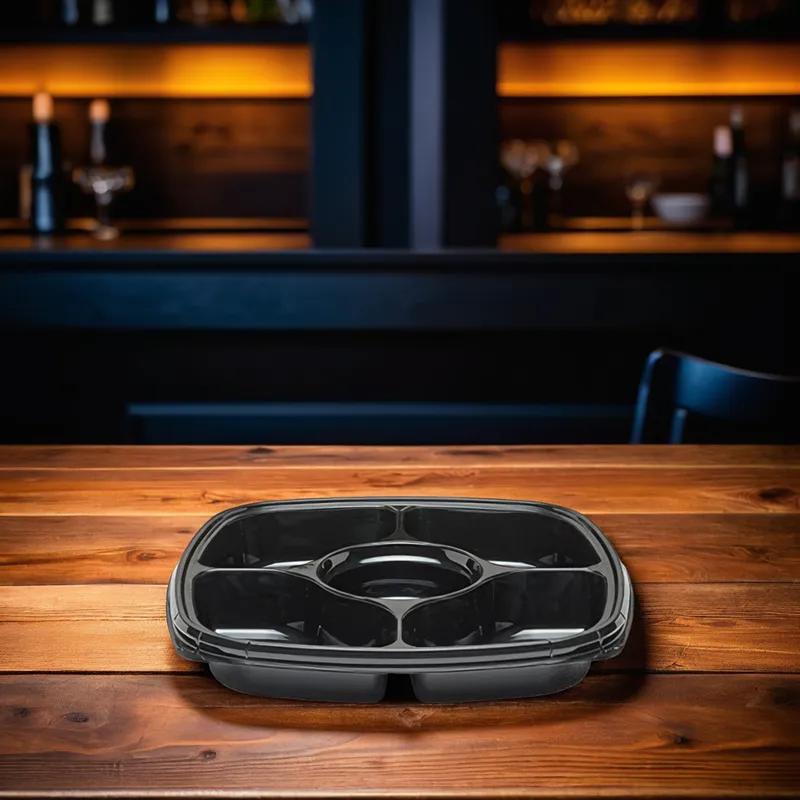 Fresh 'n Clear® Serving Tray Base 14.5X14.5X2.18 IN 5 Compartment PET Black Square 50/Case