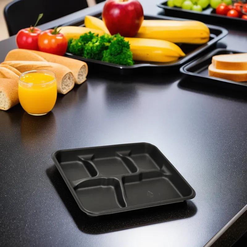 Pebble Box Cafeteria & School Lunch Tray 10.125X8.188X1.063 IN 5 Compartment PP Black Rectangle 240/Case