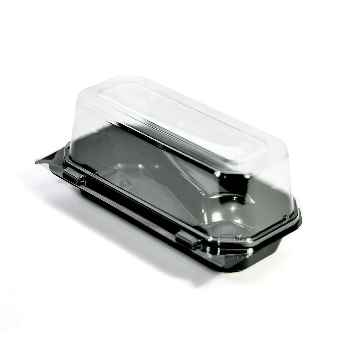 The BOTTLEBOX ® Cake Slice Cheesecake Container & Lid Combo 16-32 OZ 8.76X4.8X3.68 IN RPET Clear Black 600/Case