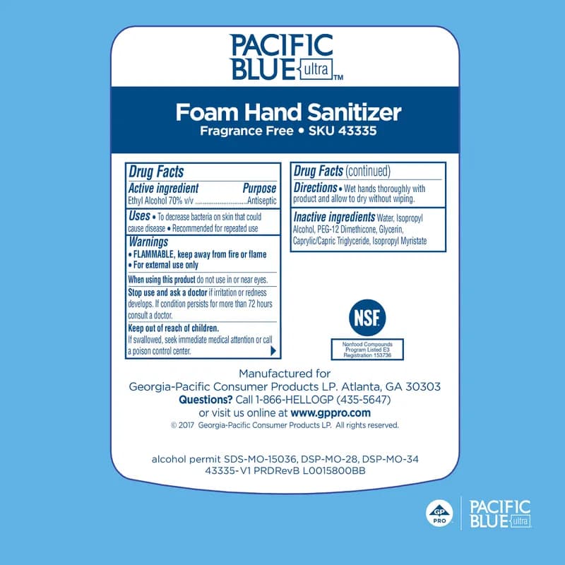 Pacific Blue Ultra™ Hand Sanitizer Foam 1000 mL Unscented Fragrance Free Clear Dye Free 4/Case