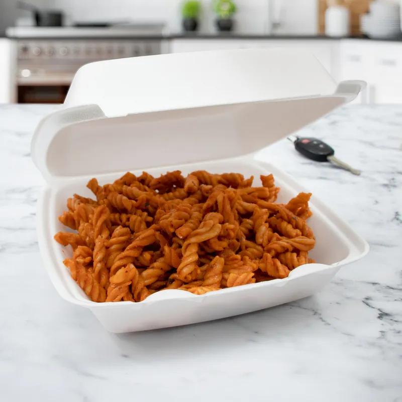 Dart® Take-Out Container Hinged With Dome Lid XL 10.26X9.5X3.4 IN XPS White Square 100 Count/Pack 2 Packs/Case