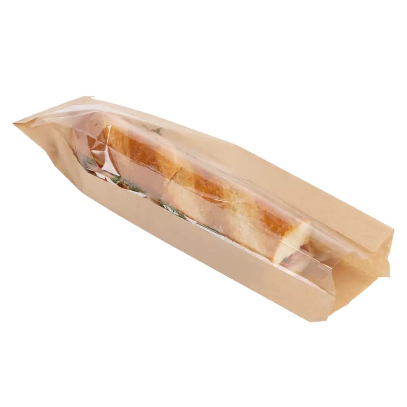 Sandwich Bag 4X2.5X16 IN Paper Kraft Grease Resistant Window Gusset 500/Case