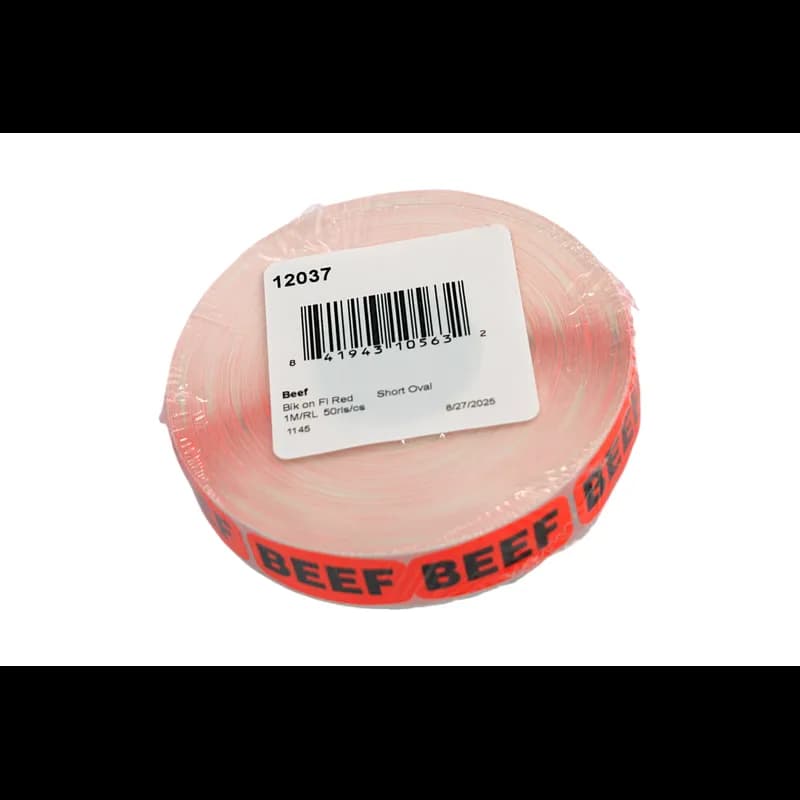 Beef Label 0.625X1.25 IN Black Fluorescent Red Short Oval 1000 Count/Roll 50 Rolls/Case 50000 Count/Case