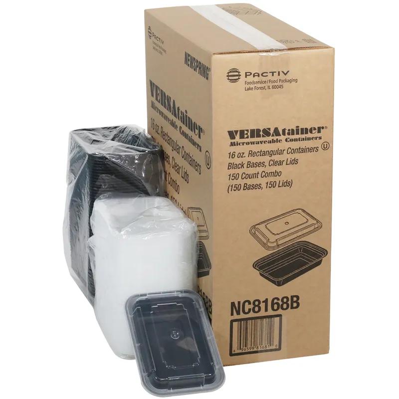 Take-Out Container Base & Lid Combo With Dome Lid 16 OZ PP Black Clear Rectangle 150/Case