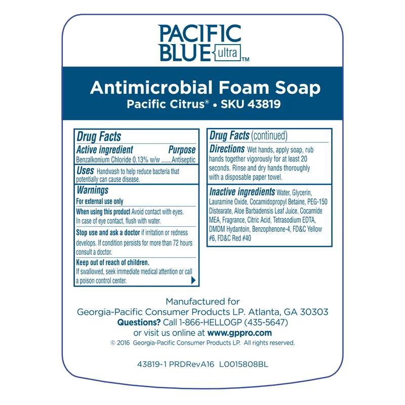 Pacific Blue Ultra™ Hand Soap Foam 1200 mL Pacific Citrus Orange Antimicrobial BZK 4/Case