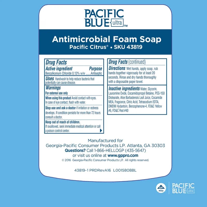 Pacific Blue Ultra™ Hand Soap Foam 1200 mL Pacific Citrus Orange Antimicrobial BZK 4/Case