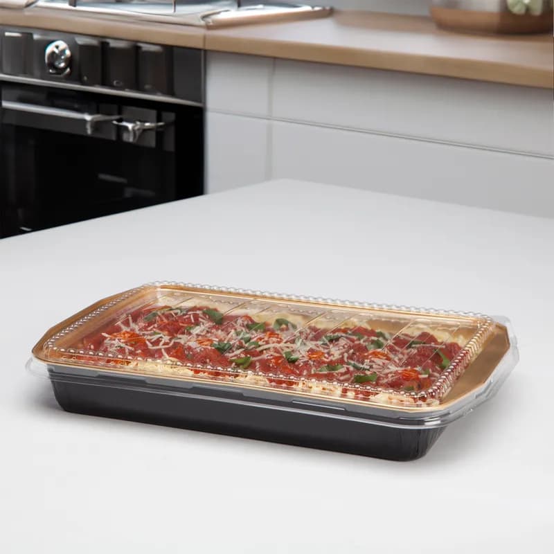 Take-Out Container Base & Lid Combo With Plastic Dome Lid 116 OZ Aluminum Black Gold Rectangle 25/Case